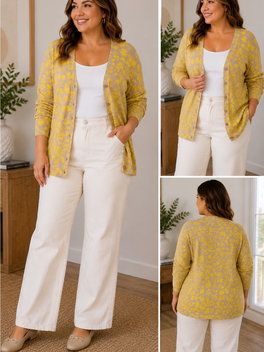 Merona XXL Yellow Taupe Floral Abstract Print Cardigan
